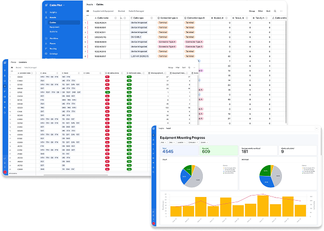 Cable Pilot web dashboard showing granular shipbuilding progress monitoring across all cable installation lifecycle stages