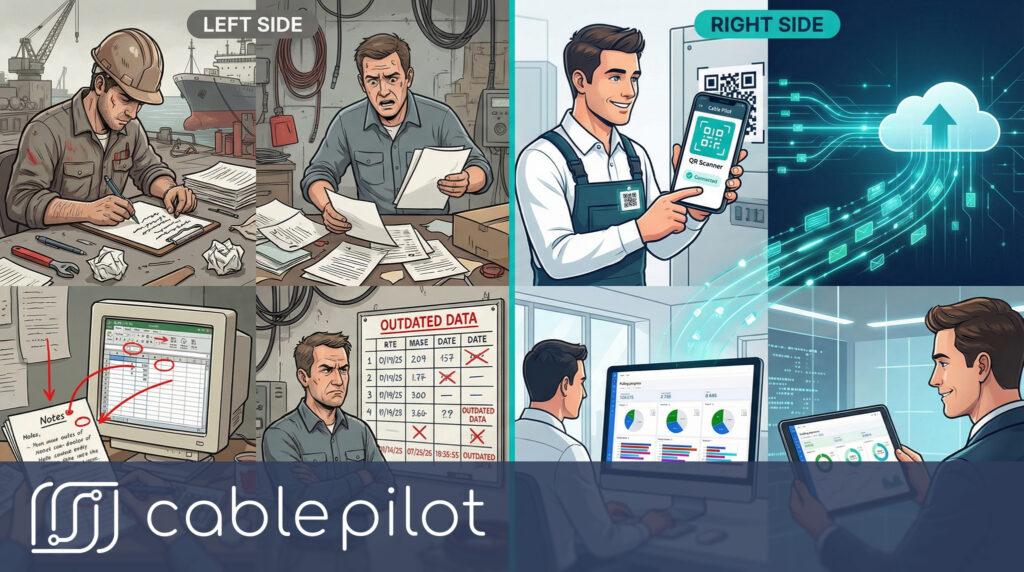 Electrician manually recording cable installation data on paper instead of using Cable Pilot software