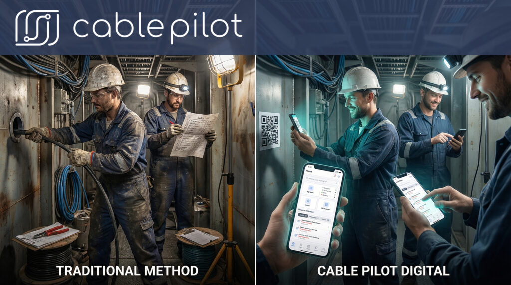 Comparison of manual cable installation tracking versus Cable Pilot digital platform efficiency