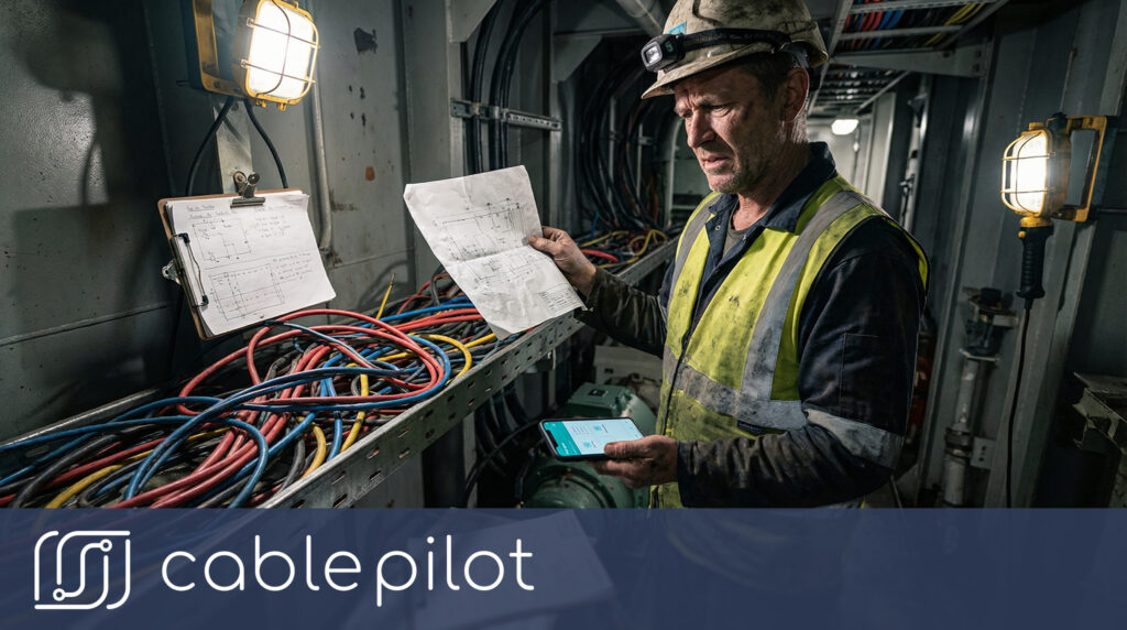 Shipbuilding electrical installer reviewing paper drawings and cable list in engine room facing communication lag and cable tray capacity issues