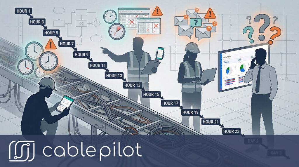 Communication lag visualization showing shipbuilding project delays with multiple time markers and warning alerts across fragmented workflow