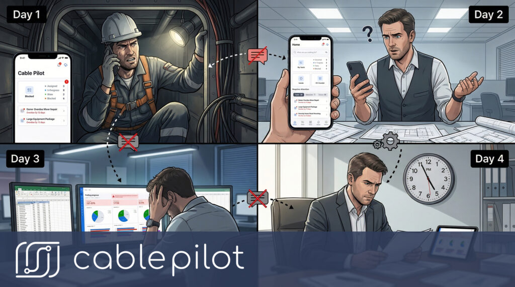 Cable Pilot digital platform workflow reducing 5-day communication lag to 1-hour solution for shipbuilding electrical installation tracking