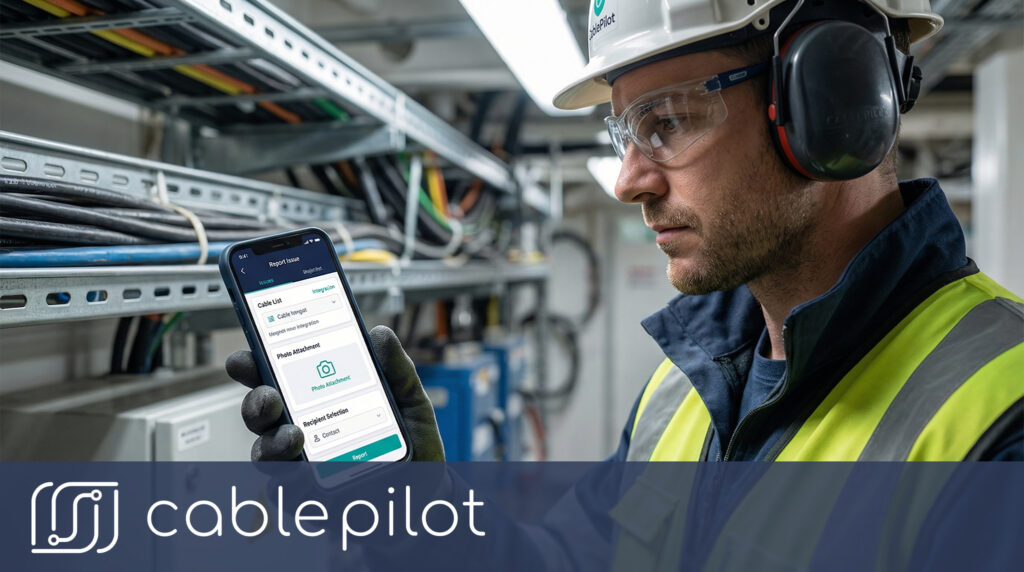 Marine electrician using Cable Pilot mobile app for real-time field reporting to eliminate communication lag in shipbuilding projects