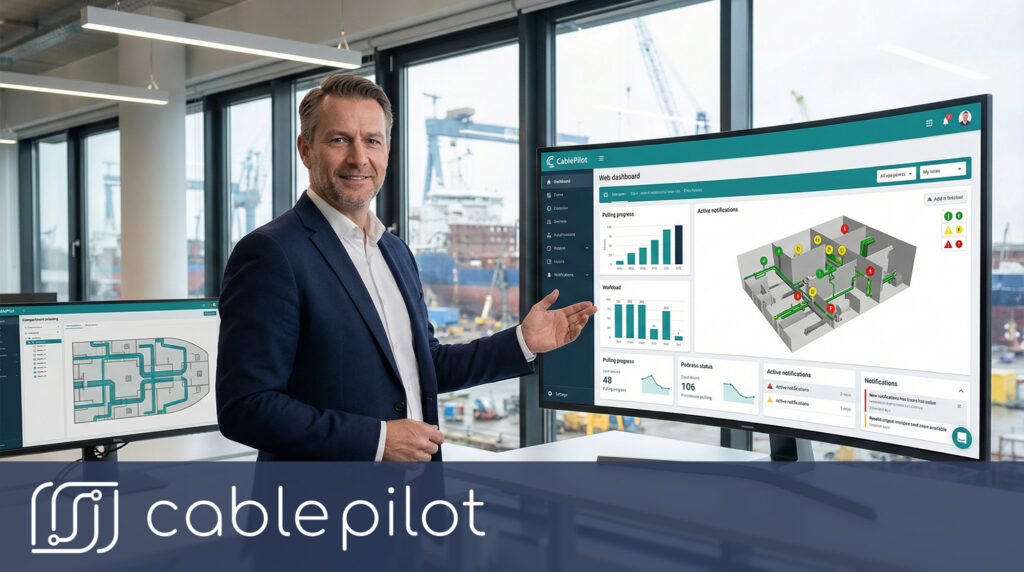 Shipbuilding project manager using Cable Pilot dashboard with real-time data analytics and 3D digital twin to prevent cost overruns