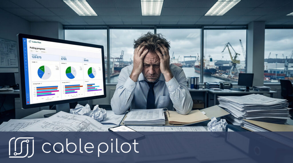 Stressed shipbuilding project manager analyzing manual cable installation tracking spreadsheets with productivity drain costs