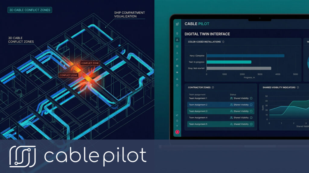 Cable Pilot digital twin interface displaying 3D ship cable routing visualization with real-time electrical installation progress tracking dashboard