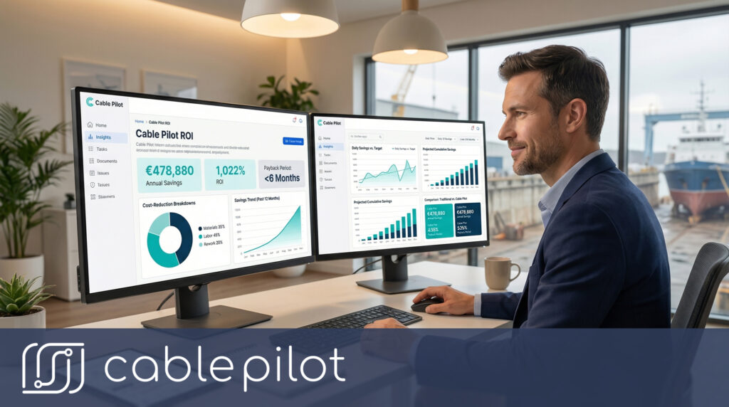 Business executive analyzing Cable Pilot ROI calculation dashboard showing annual cost savings and payback period for shipyard electrical installation management