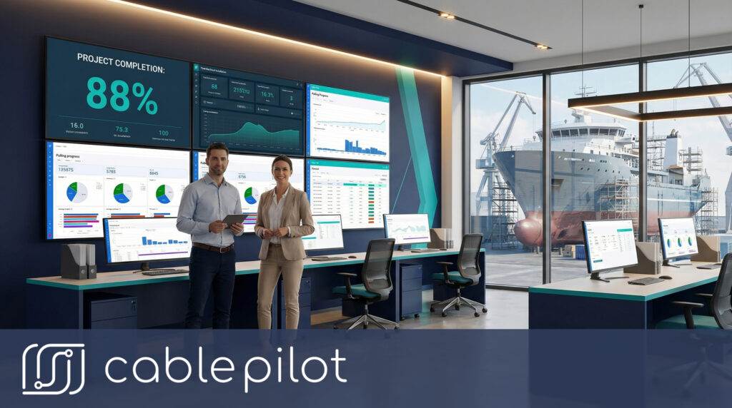 Shipbuilding project team collaboration using Cable Pilot management system displaying 88 percent project completion for vessel electrical cable installation