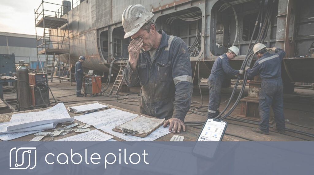 Shipyard electrical worker reviewing cable installation documentation on construction site with digital twin technology for real-time project management