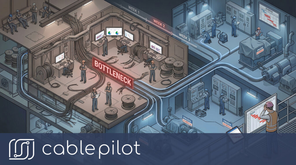 Isometric digital twin visualization of ship electrical system showing bottleneck identification in marine installation workflow management