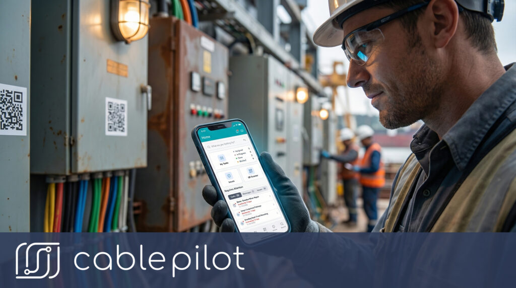 Marine electrician using smartphone-based Cable Pilot reporting system for zero-overhead electrical installation tracking in shipbuilding