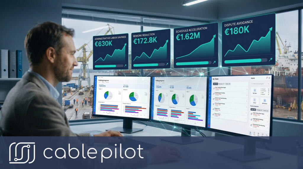 Digital twin dashboard displaying real-time electrical installation KPIs and ROI metrics for shipyard project managers