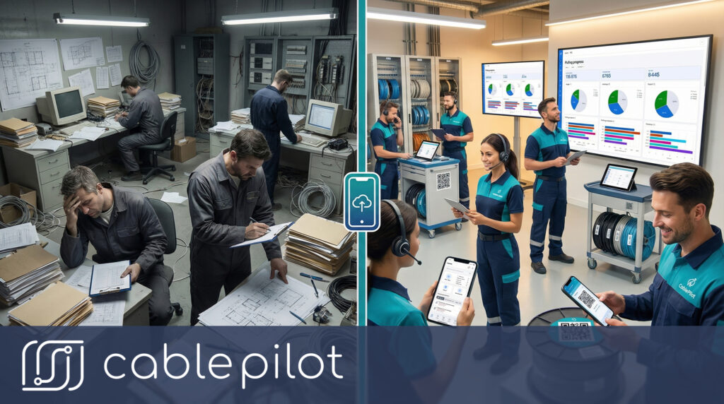 Shipbuilding electrical installation team implementing digital transformation strategy with real-time monitoring and quality control systems"