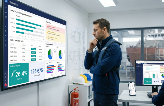 Shipyard electrical supervisor using laptop dashboard displaying real-time cable installation progress data and analytics in shipyard facility