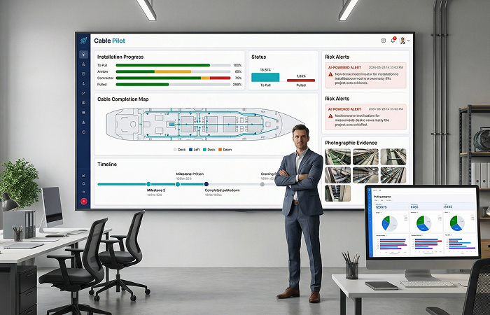 Cruise ship electrical installation project timeline illustrating margin improvement and payback period with Cable Pilot digital platform