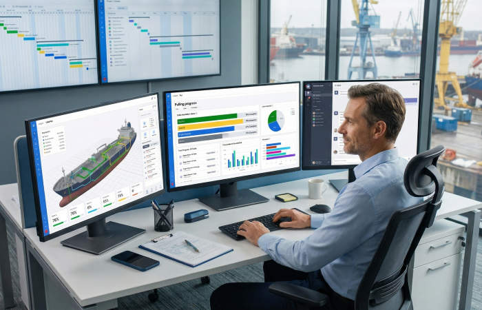 Project manager analyzing real-time shipbuilding electrical installation dashboards with financial metrics and schedule progress data for cost control