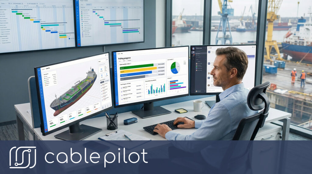 Project manager analyzing real-time shipbuilding electrical installation dashboards with financial metrics and schedule progress data for cost control