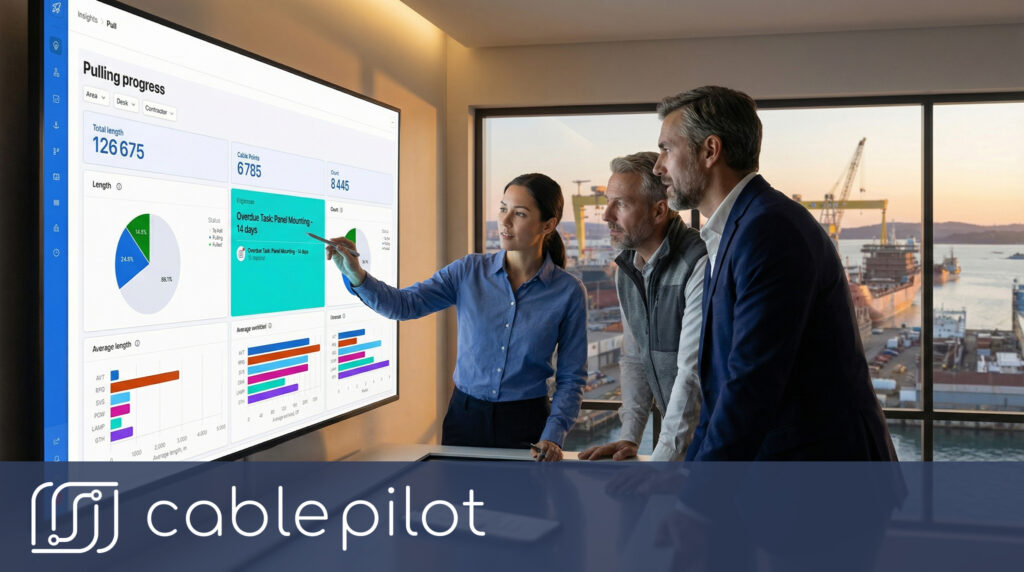 Shipbuilding project management team reviewing real-time data dashboard for proactive decision making and schedule certainty in electrical installation