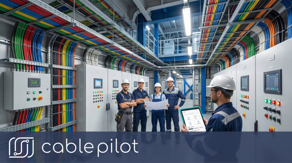 Electrical installation crew in shipbuilding vessel cable room using Cable Pilot platform for efficient project coordination and quality control