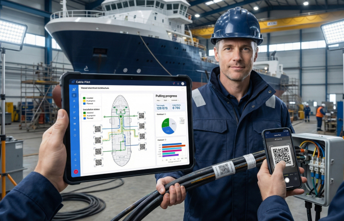 Shipyard project manager monitoring hybrid electric vessel electrical installation progress with Cable Pilot digital twin showing cable routing and power distribution systems
