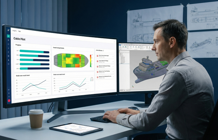 3D digital twin visualization of shipboard electrical cable network with real-time installation milestone tracking and QR code integration