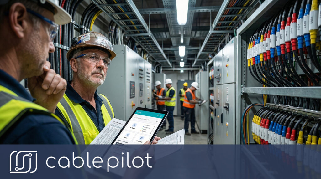Electrical engineers using Cable Pilot digital platform on tablet for high-voltage cable installation management in electric ship engine room with color-coded electrical panels