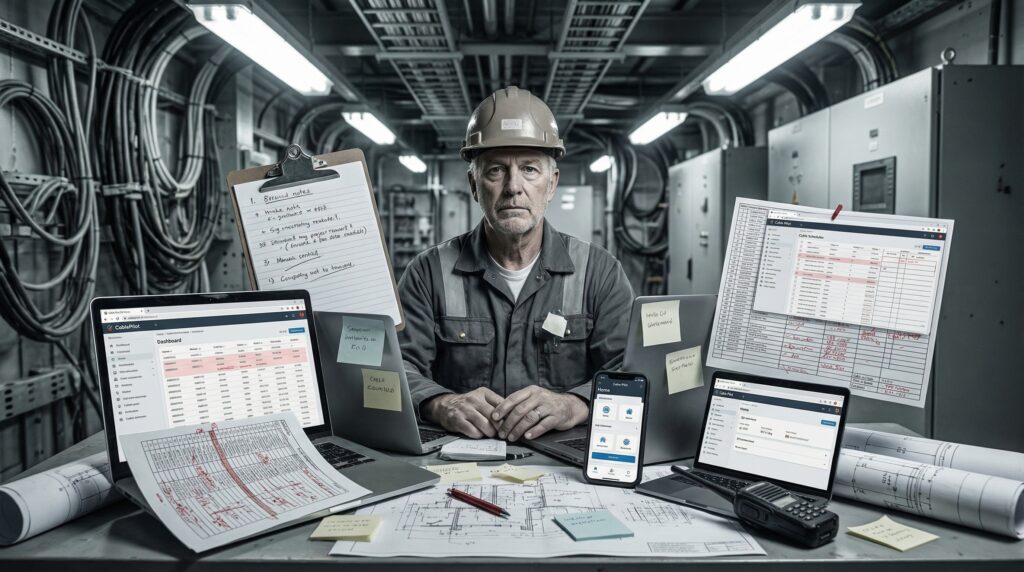 Traditional shipbuilding electrical installation workflow with paper documentation causing reporting delays and data fragmentation in vessel construction projects