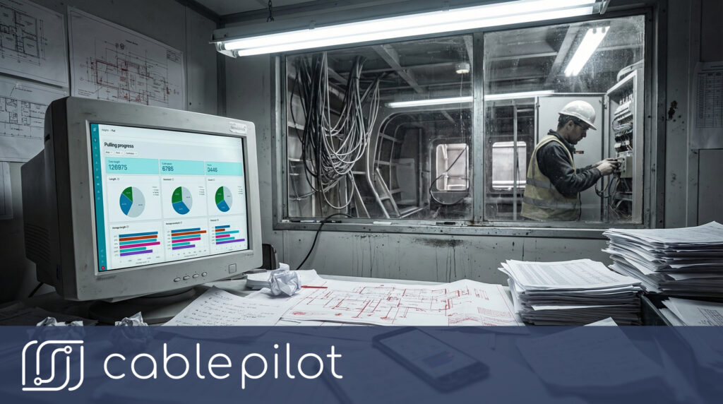 Technician reviewing marine electrical systems with automated quality gates to prevent rework and project delays while ensuring compliance and safety with classification rules.