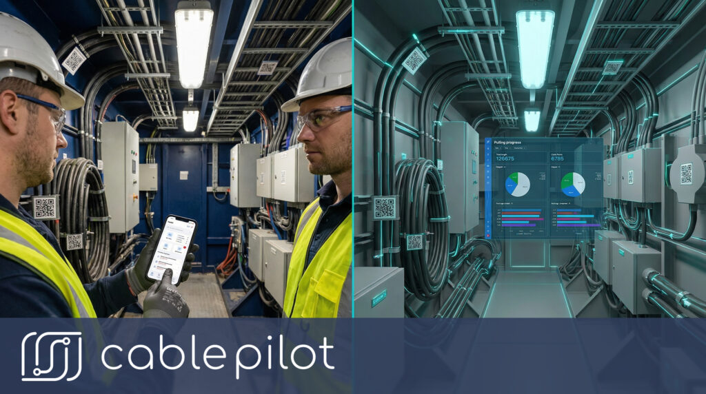 Electrician using a mobile app to document marine electrical systems at the point of work, supporting compliance and safety in electrical systems and reducing rework and project delays.