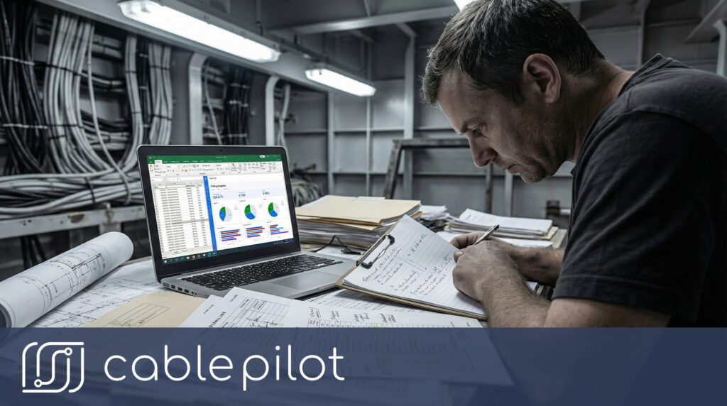Cable Pilot real-time data management dashboard for complex cable runs in hybrid-electric propulsion projects, helping electrical installation teams reduce rework.