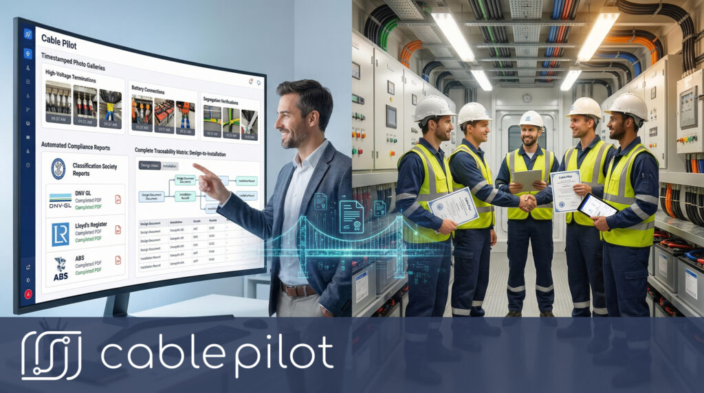 Digital twin view in Cable Pilot showing hybrid-electric propulsion battery systems and cable runs for real-time data management and rework reduction.
