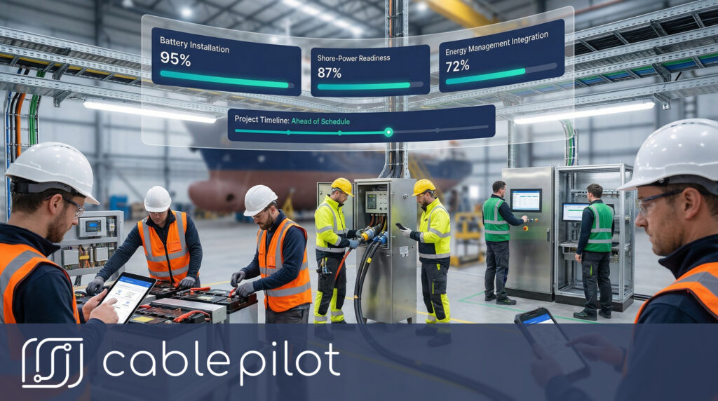 Shipyard team using Cable Pilot to coordinate electrical installation of electric propulsion systems and battery systems with real-time data management to minimize rework.