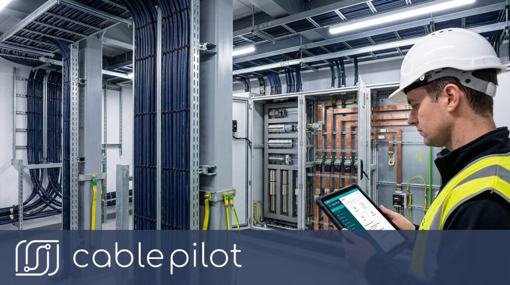 Electrical worker managing cable complexity in hybrid propulsion shipbuilding using Cable Pilot mobile app for real-time lifecycle tracking of electrical installations