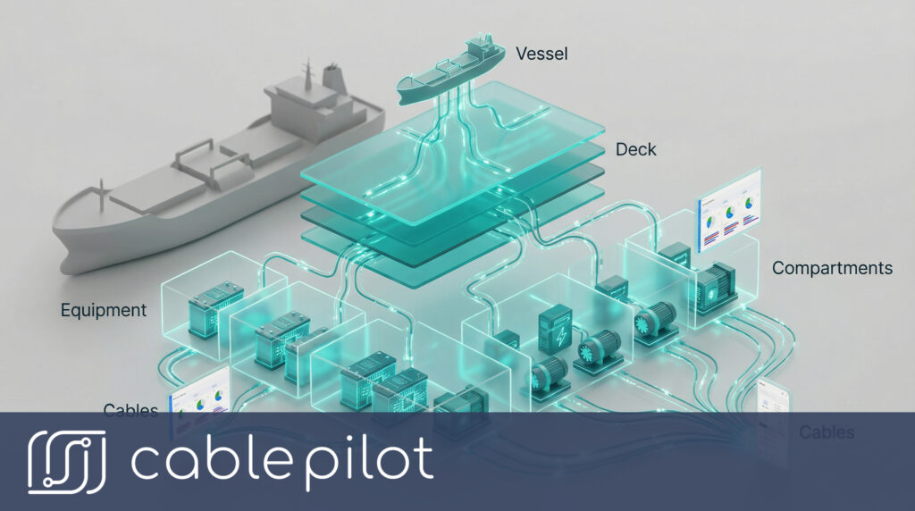 Digital twin of a hybrid propulsion retrofit showing decks, equipment, and battery cable installation in modern maritime electrical systems.