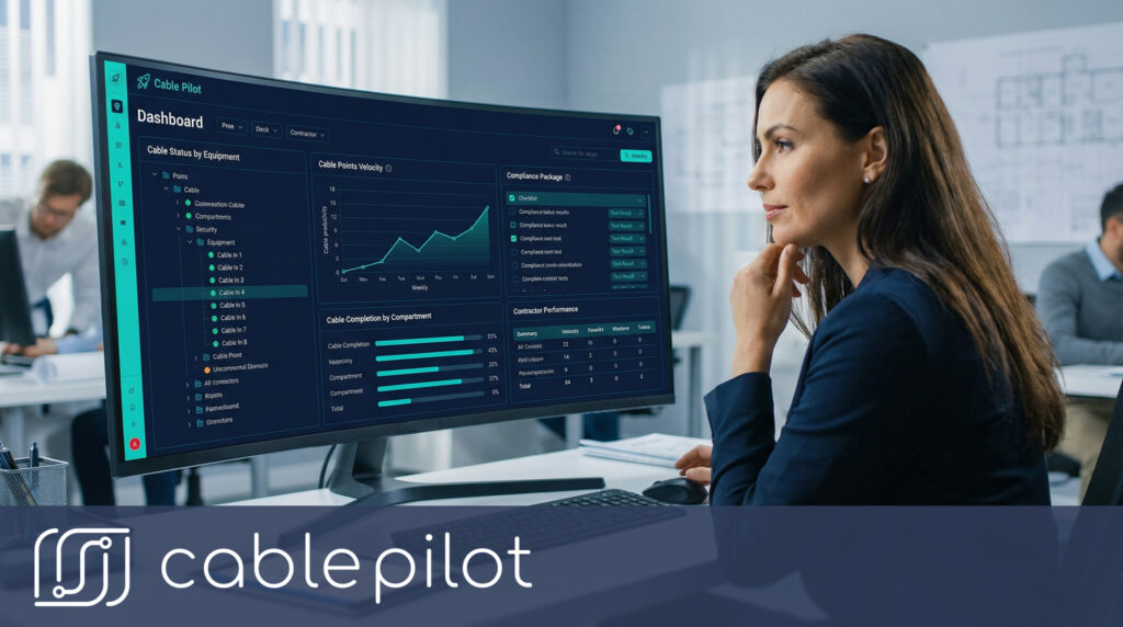 Hybrid propulsion retrofit ferry alongside quay, with shipyard electrical contractors completing maritime electrical systems and classification compliance documentation using Cable Pilot.