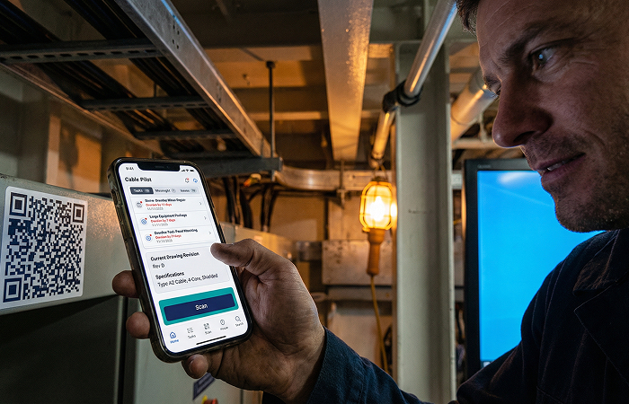 Installer scanning QR-code on electrical equipment with Cable Pilot Application on smartphone