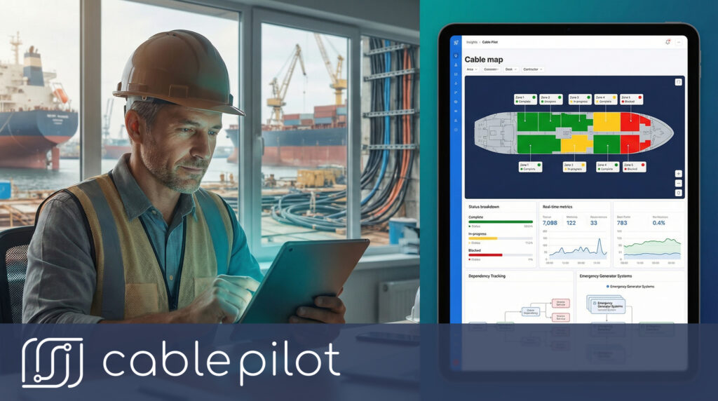 QA inspector in electrical installation using Cable Pilot QR codes and real-time data for inspection management and installation progress tracking on shipbuilding projects.