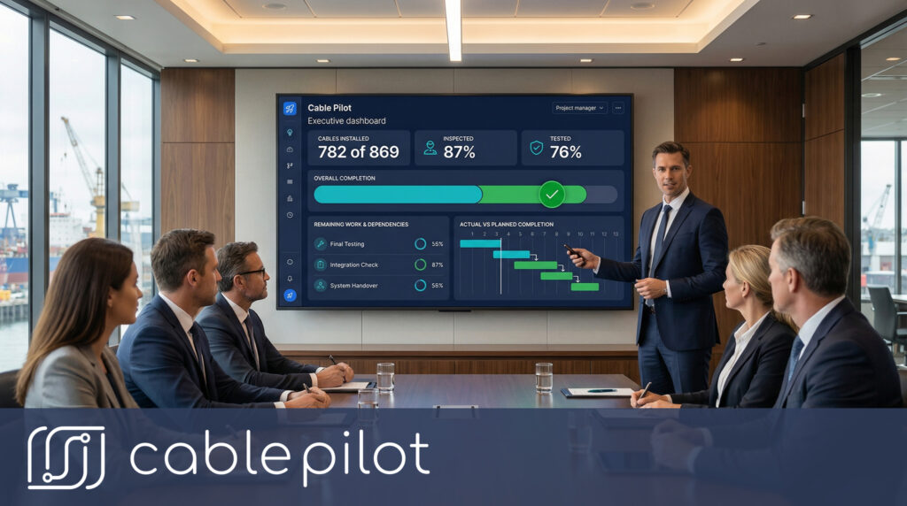 Project manager reviewing Cable Pilot single source of truth dashboards with real-time data for cable installation workflow, project coordination, and commercial management in shipbuilding projects.