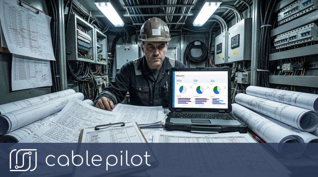 Electricians using QR scanning for real-time progress tracking during shipbuilding electrical installation in a crowded shipyard workflow.