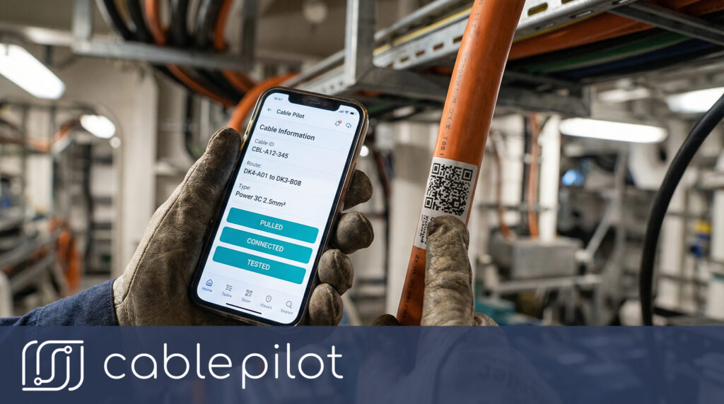 Technician updating cable tracking status with QR scanning on a smartphone as part of offline-first architecture for shipyard field reporting.