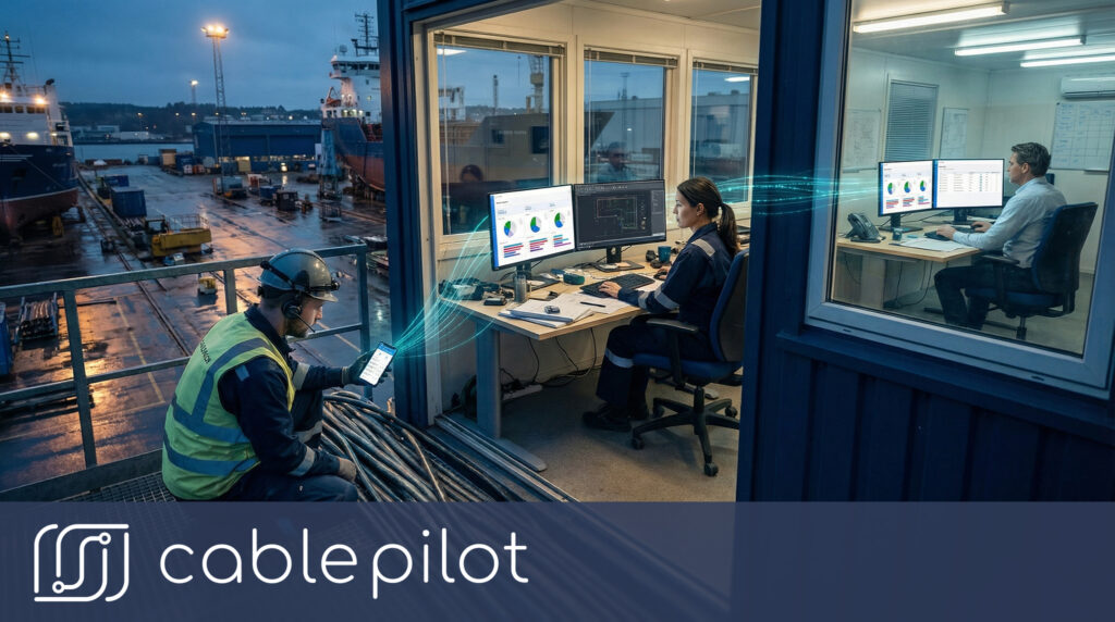 Supervisor reviewing installation status and real-time progress tracking dashboard for cable list management in shipbuilding electrical systems.