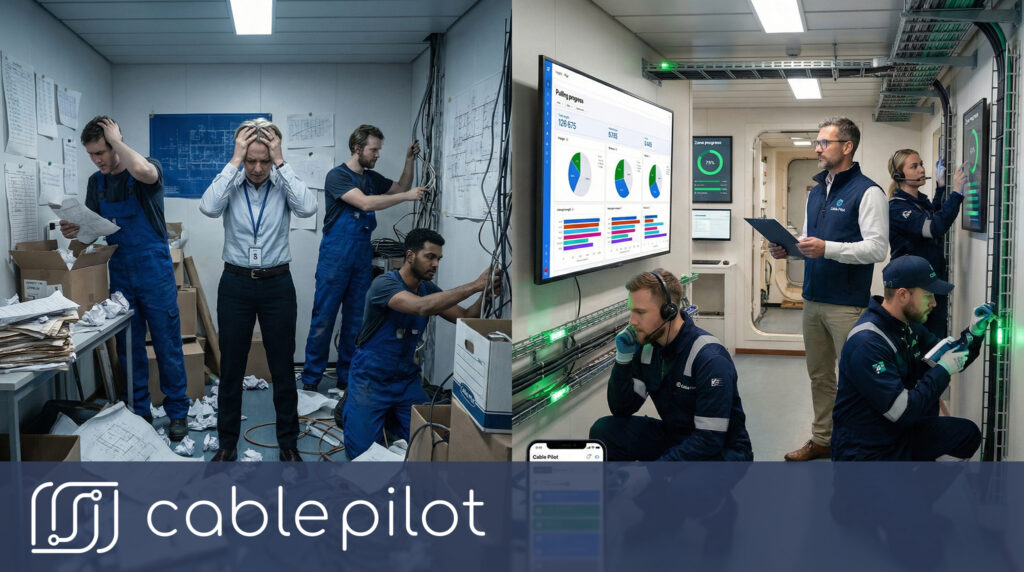 Team implementing QR scanning workflow for electrical installation and field reporting to streamline cable tracking in complex shipyard workflows.