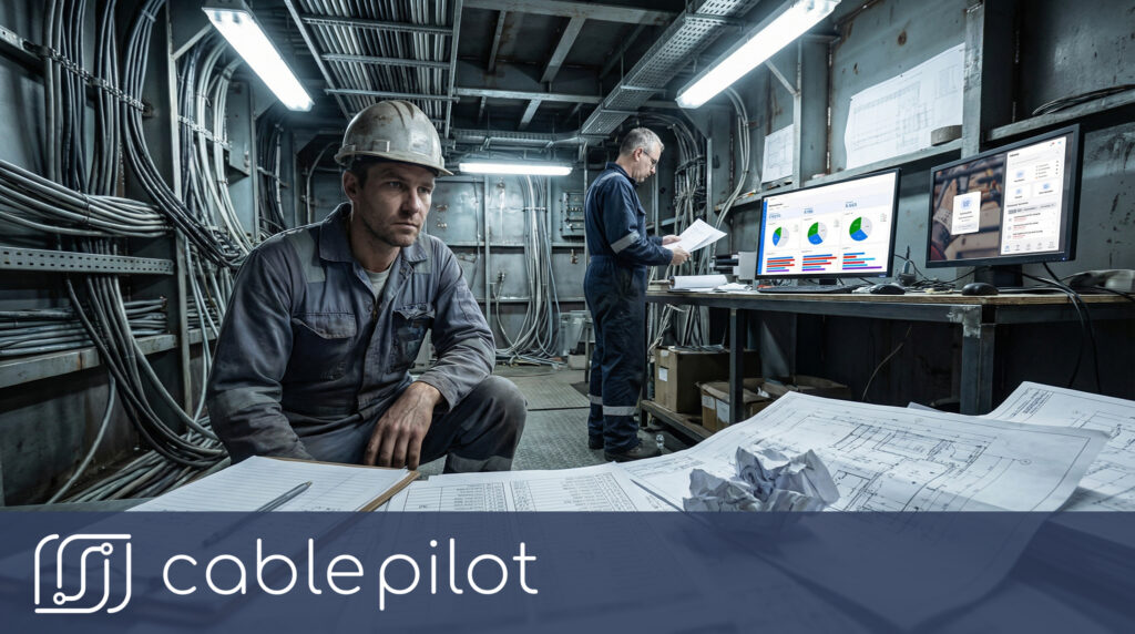 Electrical installation team in modern shipbuilding using QR‑coded mobile reporting for real‑time cable tracking and installation updates.