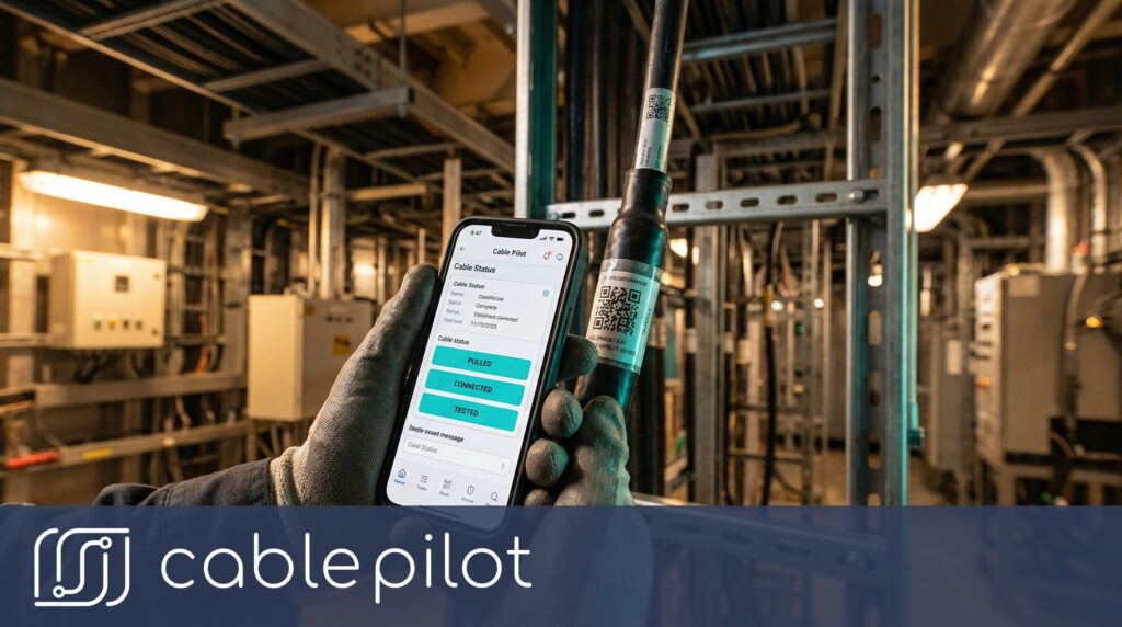 Technician scanning QR codes for cable reporting with One‑Scan Update to provide real‑time installation updates and project coordination on site.