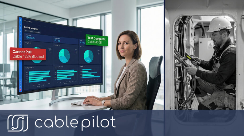 Cable Pilot dashboard showing real‑time cable reporting, installation updates, and project coordination analytics for electrical contractors in modern shipbuilding.