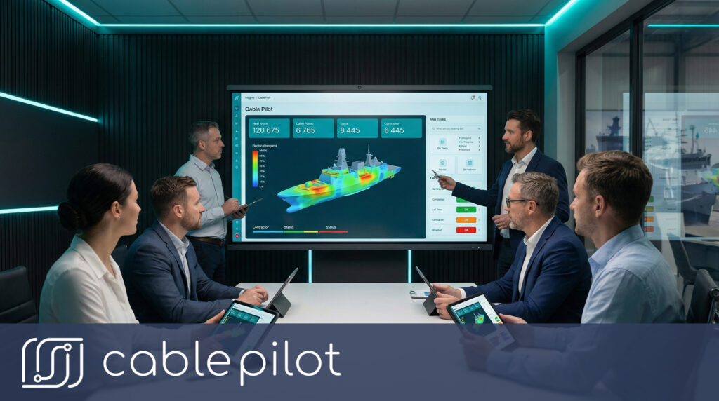Digital twin view of electrical installation progress in shipbuilding, visualizing cable tracking, installation updates, and project coordination across compartments.