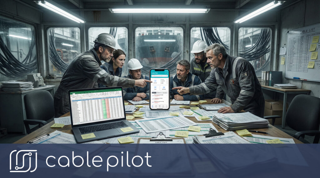 Shipbuilding electrical installation team managing cable tracking with Excel spreadsheets and paper documentation before implementing lifecycle management system