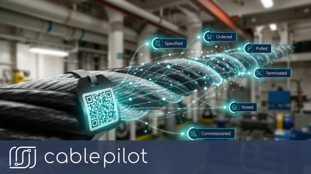 Cable lifecycle stages visualization with QR code tracking showing electrical installation phases from specification to commissioning in shipbuilding