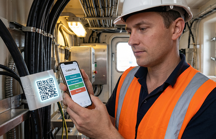 Electrician in hi-vis vest using Cable Pilot mobile-first workflow with QR-code scanning for electrical installation on a ship, giving field crews real-time visibility and faster blocker resolution in shipbuilding.