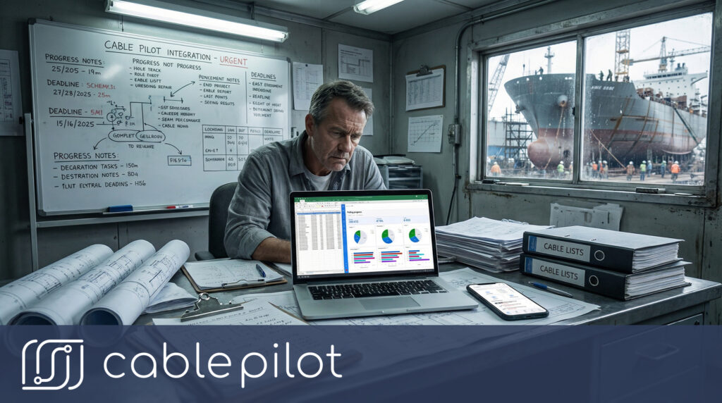 Paper-based electrical installation workflow in shipbuilding causing information lag, limited real-time visibility, and slow blocker resolution before adopting mobile-first QR-code scanning.